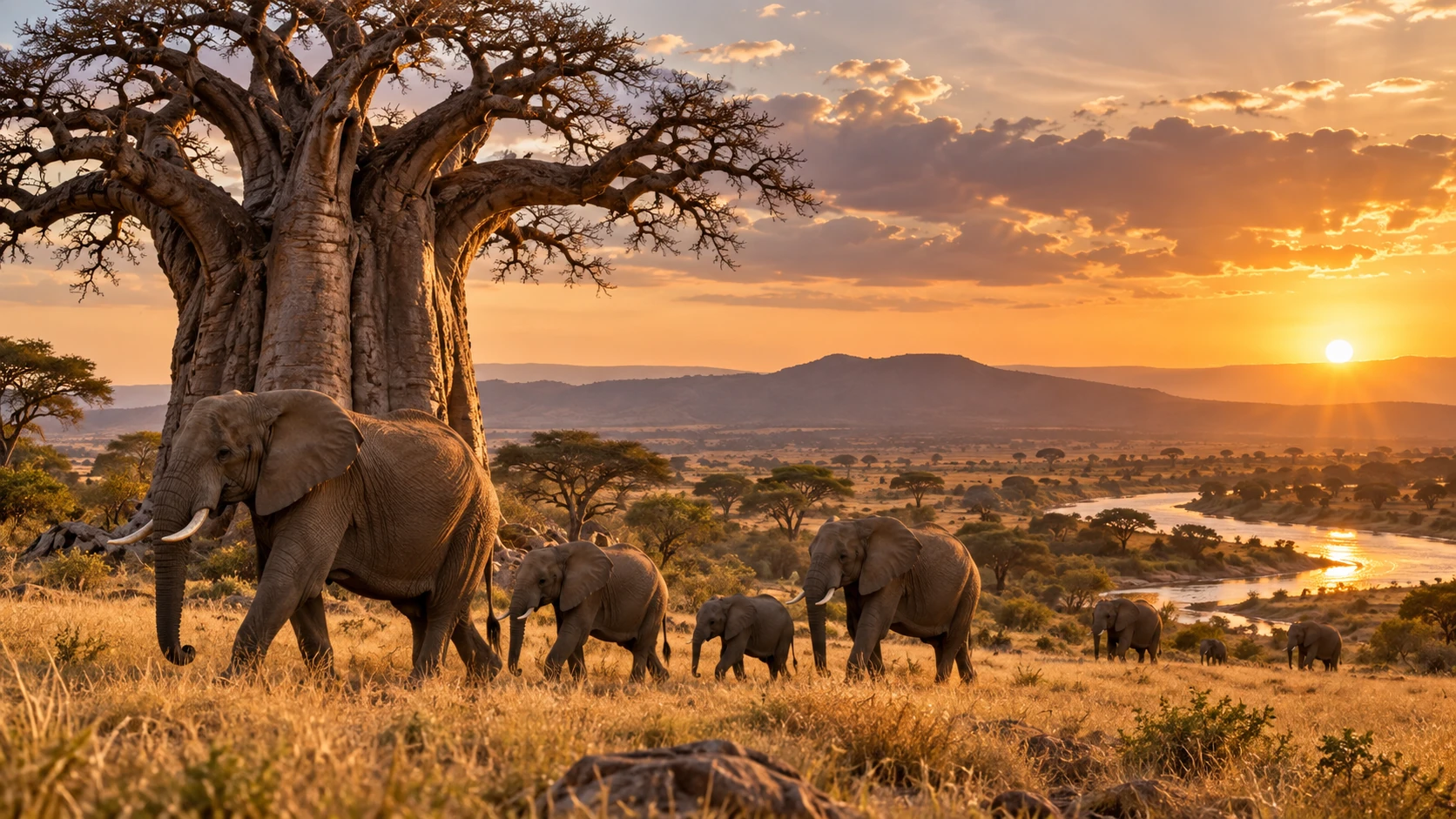 Elephant family beneath a baobab tree in Tanzania