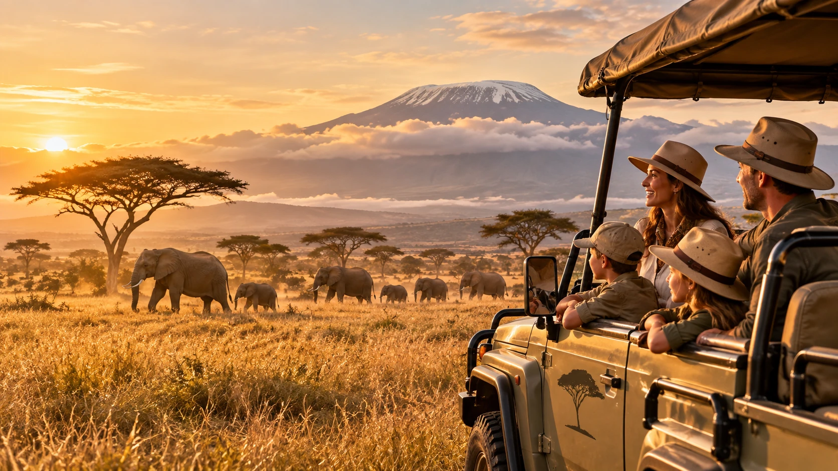 Safari sunrise with Mount Kilimanjaro in the distance