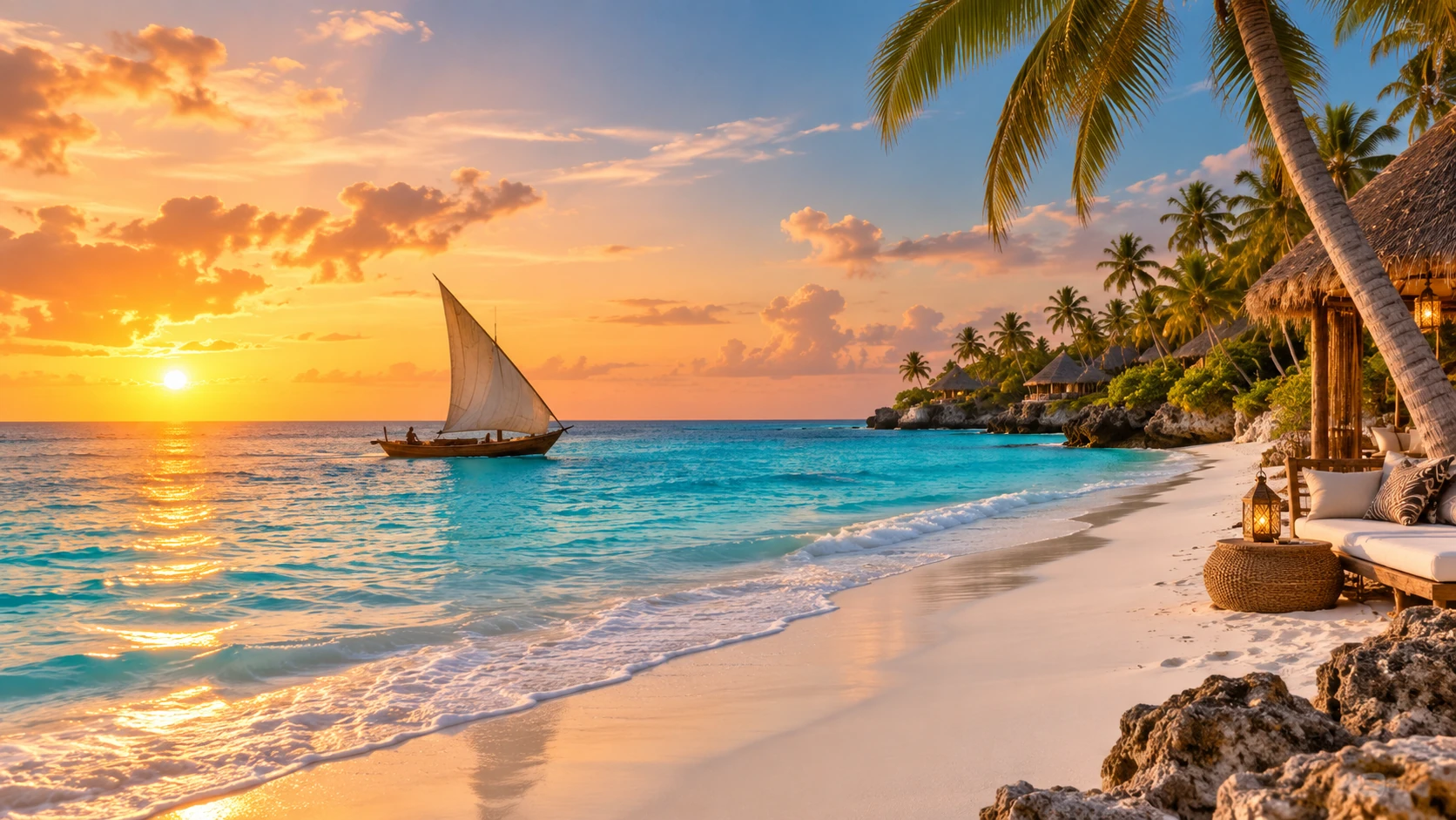 Dhow sailing off a tropical beach at sunset