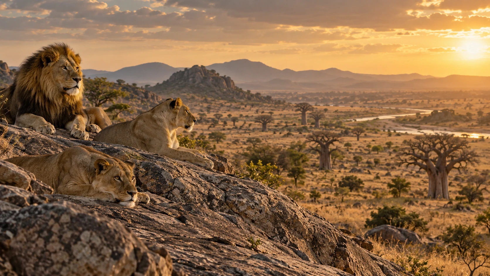 Lions resting above the golden savannah