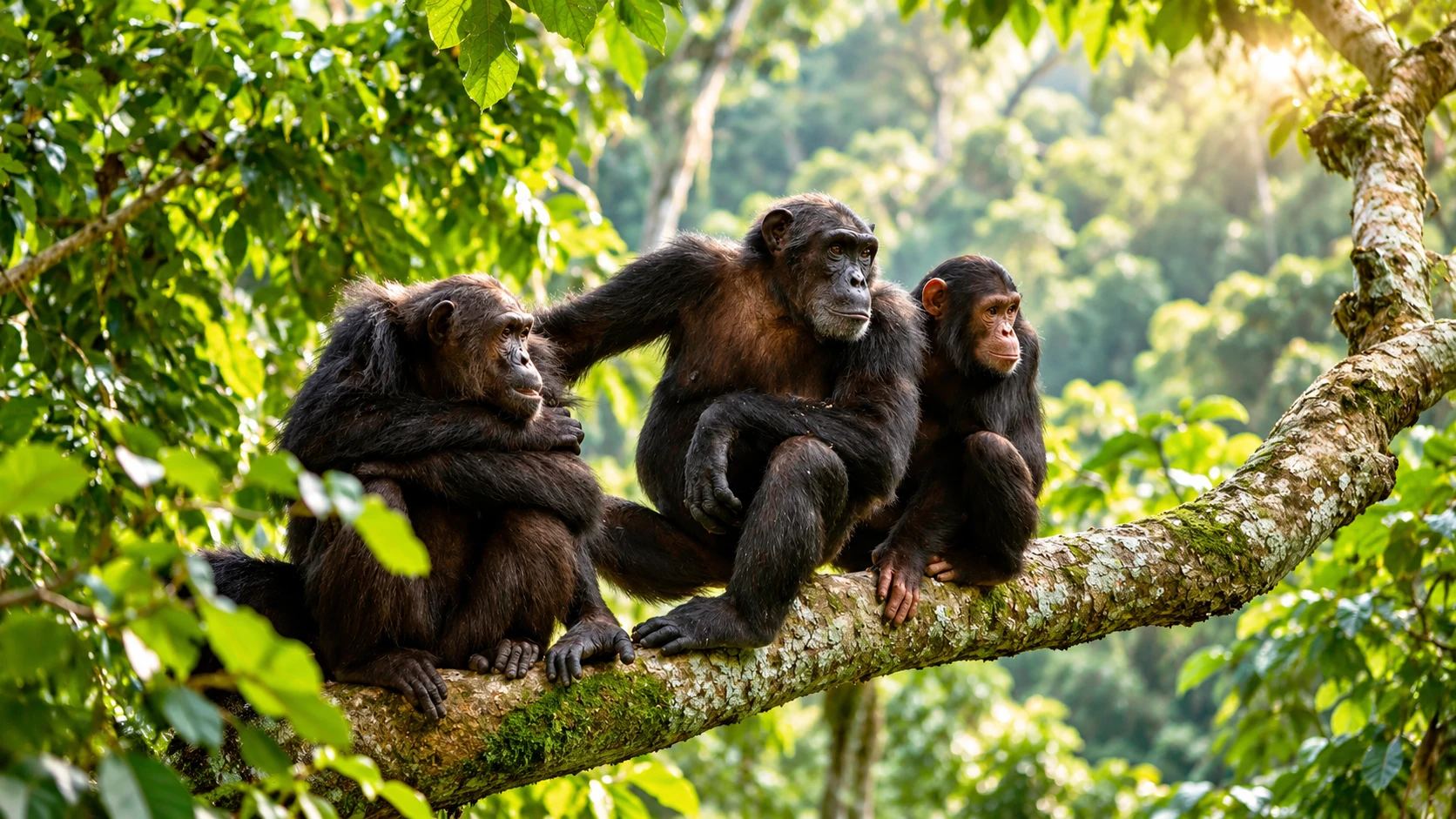 Chimpanzees in a lush Tanzanian forest